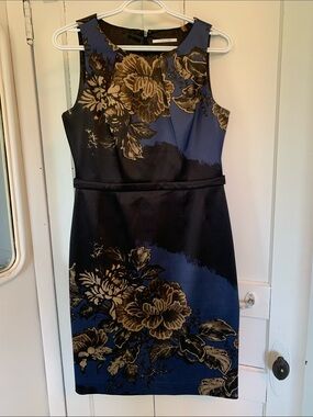 Tahari ASL Navy, Black and Gold Floral Dress